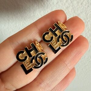 ✨ Vintage Chanel Logo Letter Enamel Stud Earrings 🖤